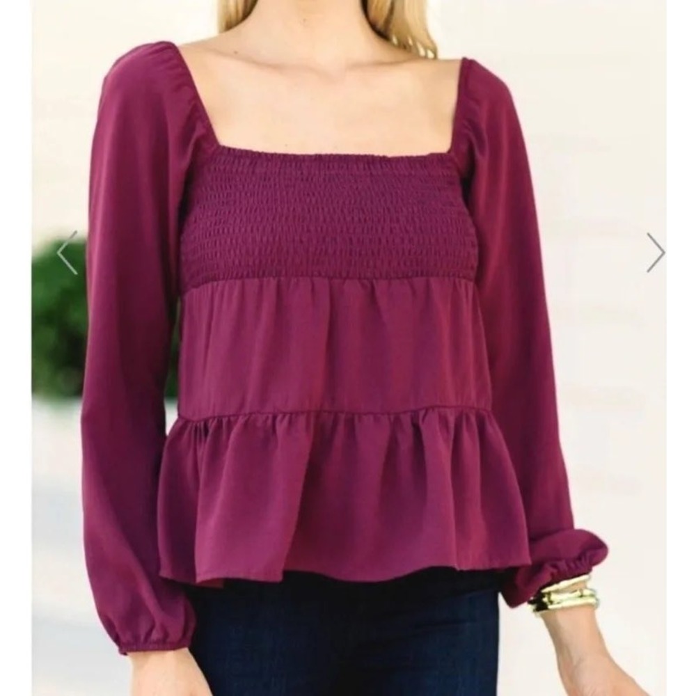 Paper Crane Boho Smocked Peplum‎ Blouse Burgundy Long Sleeve Top Size Small